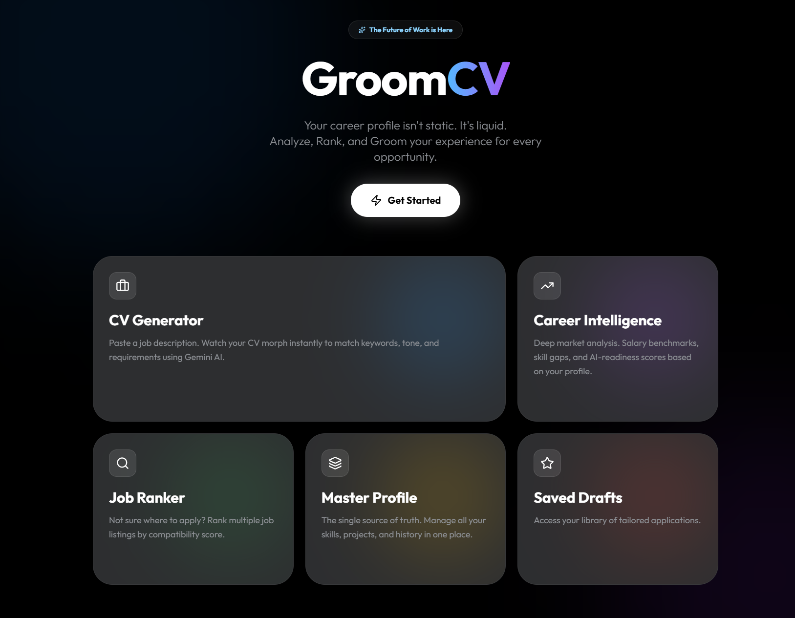 GroomCV dark dashboard overview