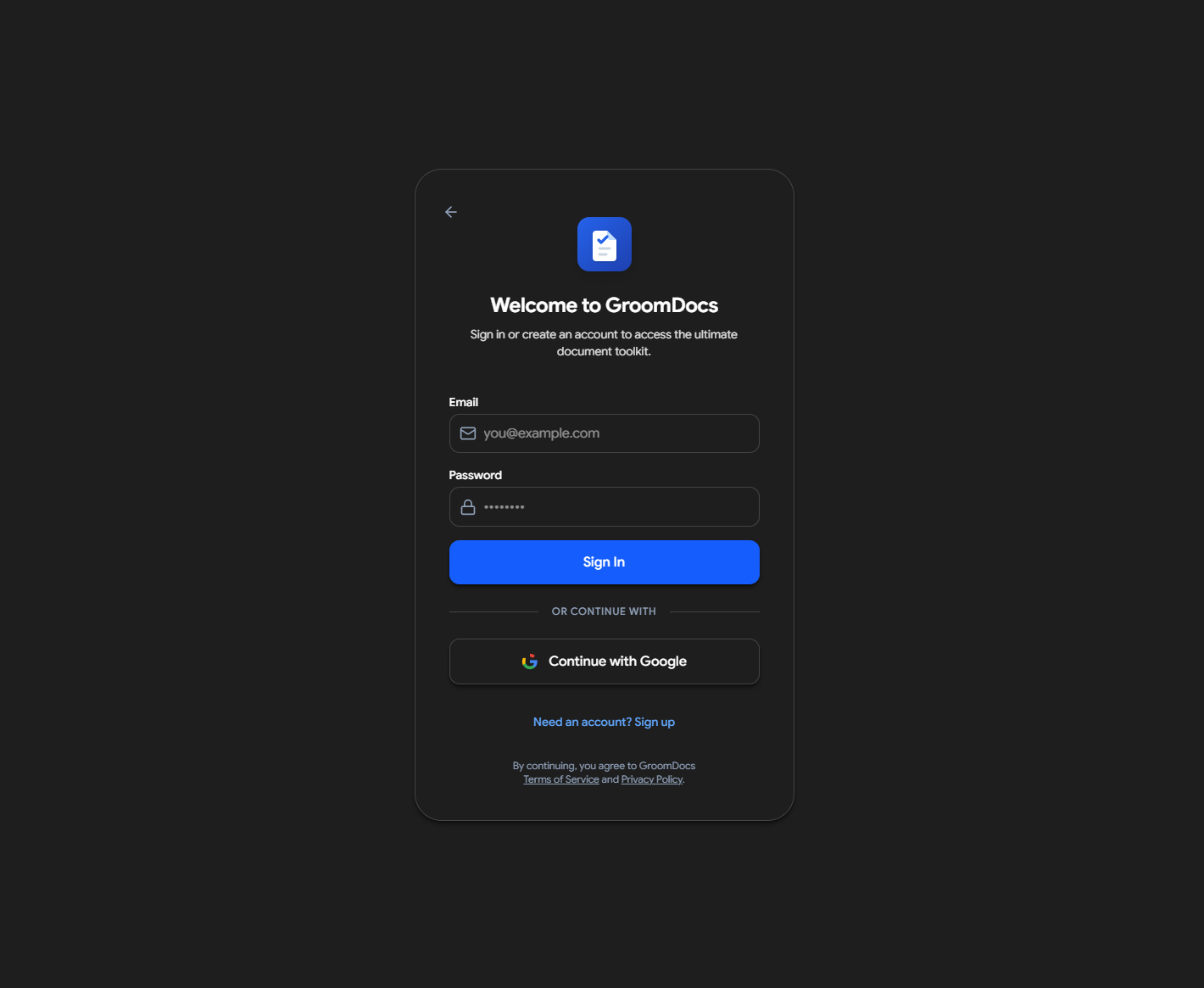 GroomDocs sign-in screen