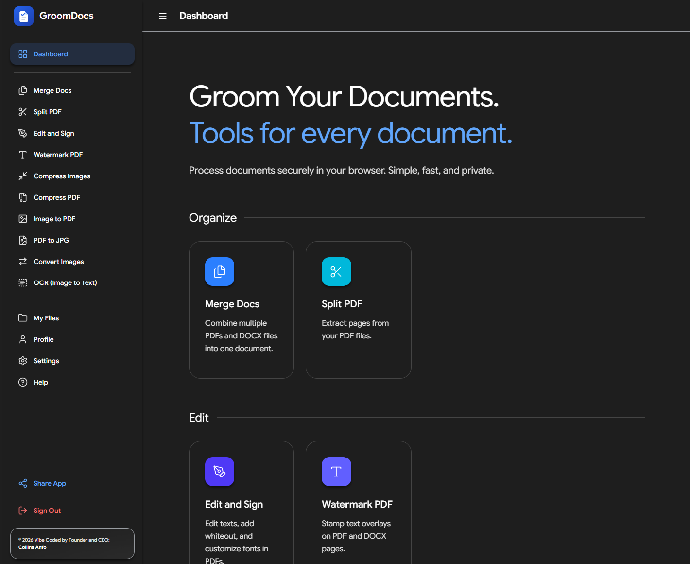 GroomDocs dashboard with private browser-based document tools