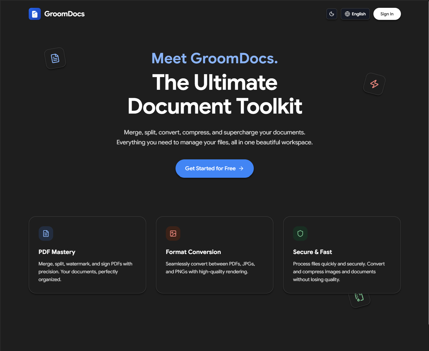 GroomDocs public landing page and document-tool overview